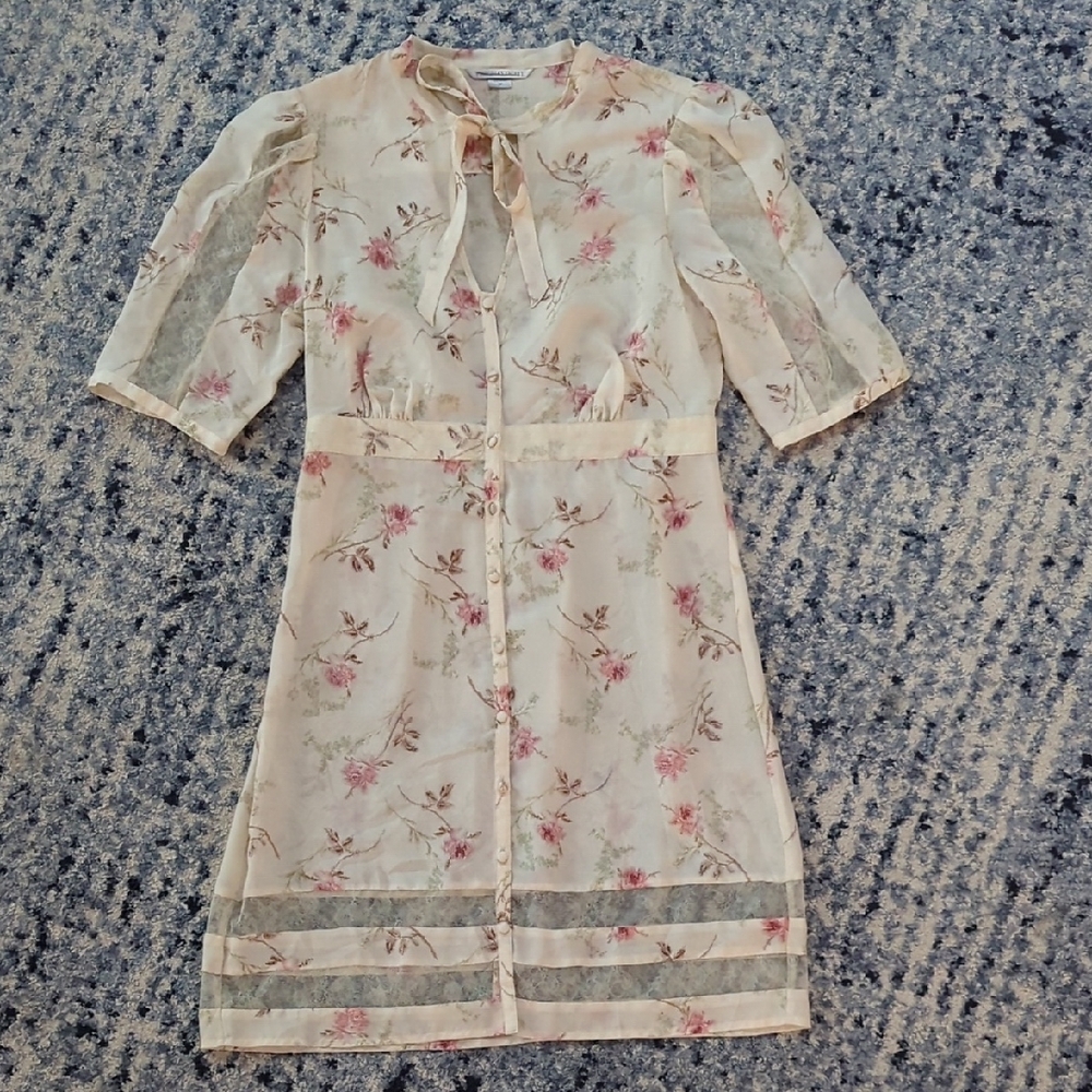 Victoria's Secret 100% Silk Floral Dress Button Up Lace Tie Neck Light Pink
